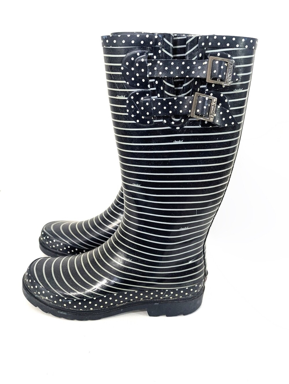 Chooka Signature Tall Rain Boots / Wellies - Classy Stripe Navy & White - Size 7